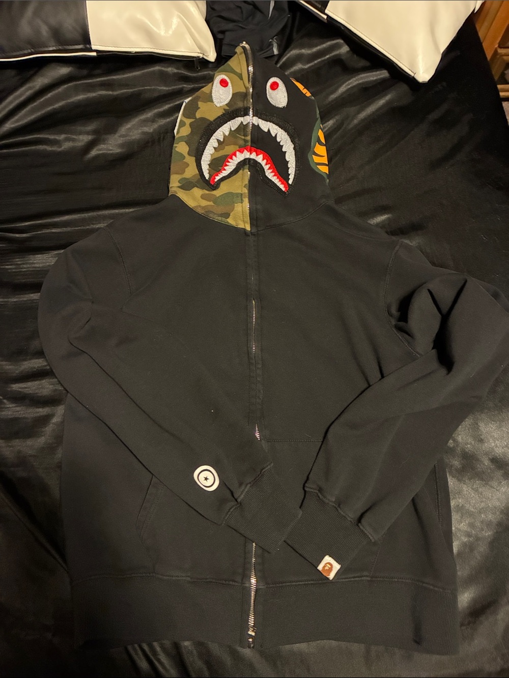 Bape Black Hoodie with Camo Shark Zip-Up